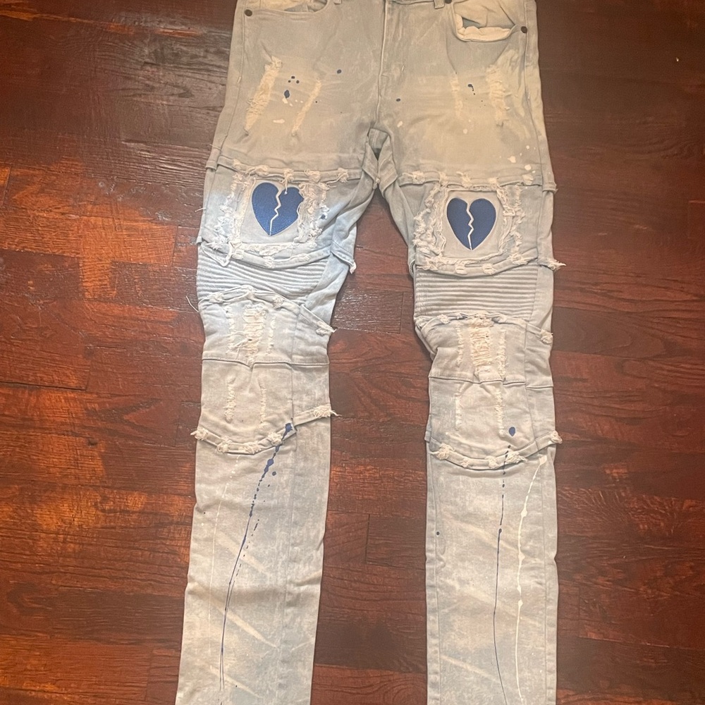 Distressed Light Blue Jeans with Heart Patches